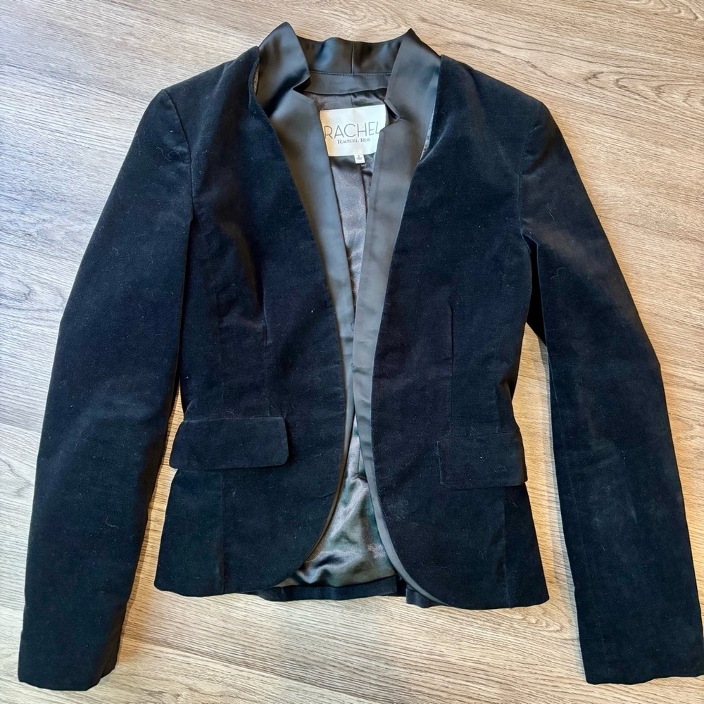 RACHEL Rachel Roy Fitted Velvet Black Blazer with Satin Trim